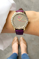 Boum Chic Mirror-Dial Leather-Band Ladies Watch - Gold/Purple