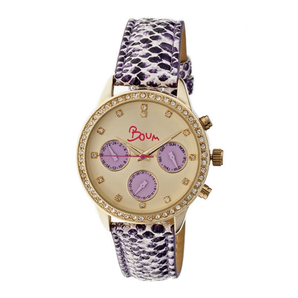 Boum Serpent Leather-Band Ladies Watch w/ Day/Date - Gold/Purple