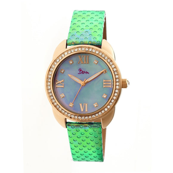 Boum Forte Crystal-Bezel Leather-Band Ladies Watch - Rose Gold/Blue