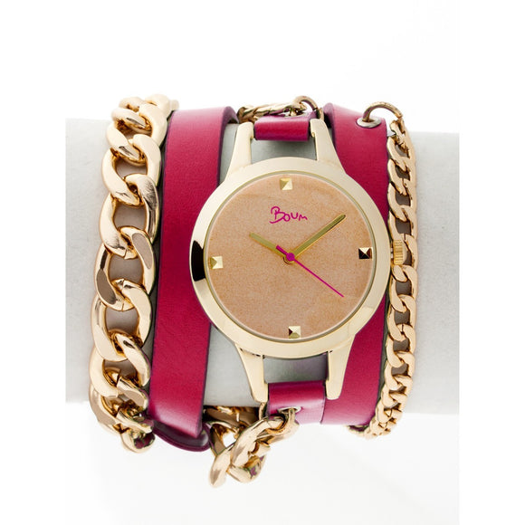 Boum Emballage Bracelet Multi-Wrap Leather-Band Watch - Gold/Pink - BOUBM3801
