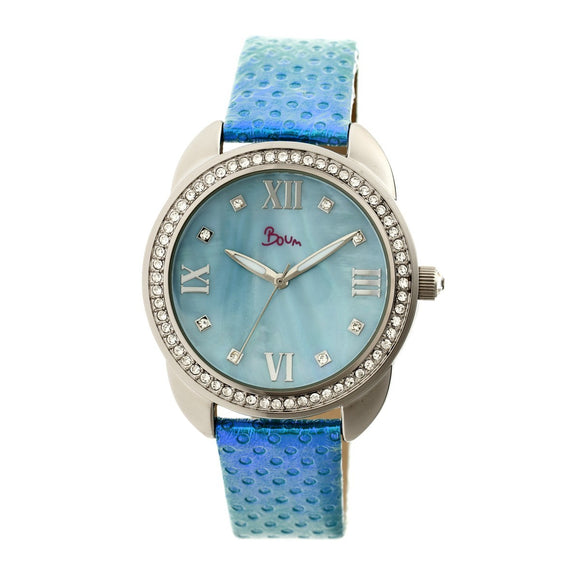 Boum Forte Crystal-Bezel Leather-Band Ladies Watch - Silver/Cerulean
