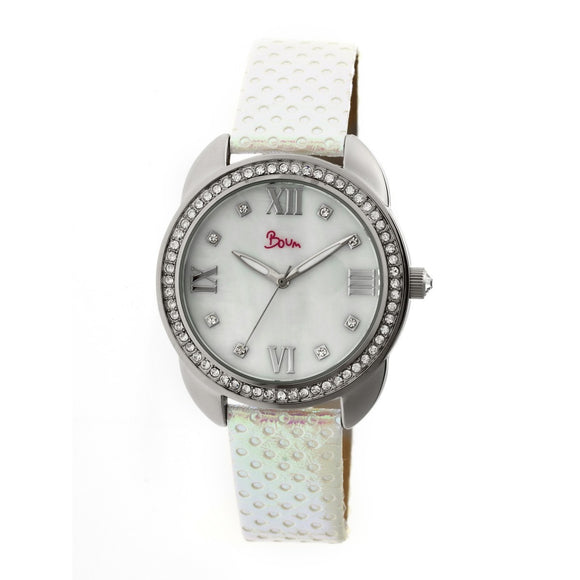 Boum Forte Crystal-Bezel Leather-Band Ladies Watch - Silver/White