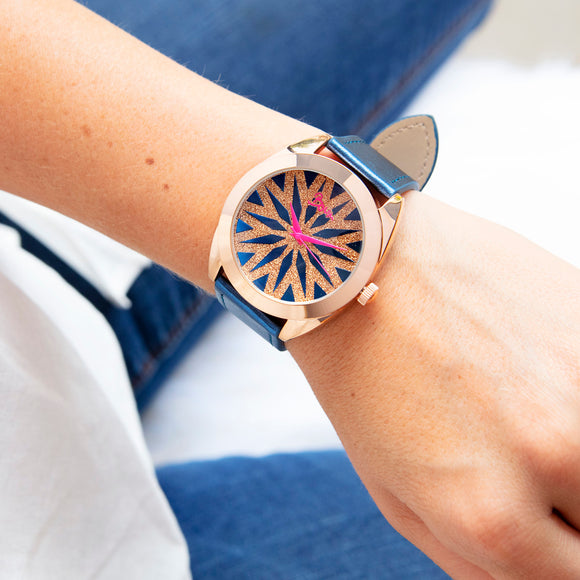 Boum Etoile Glitter-Dial Leather-Band Ladies Watch - Rose Gold/Blue