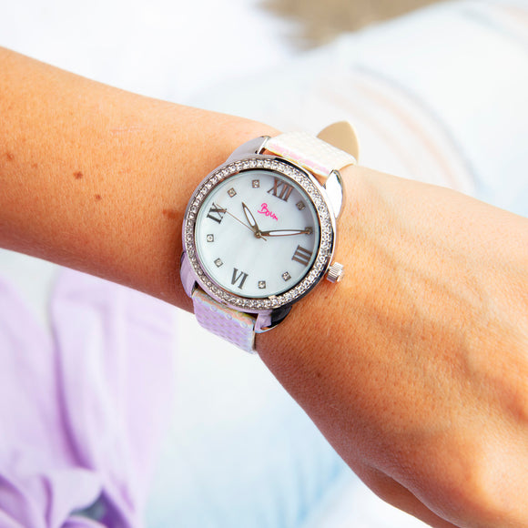 Boum Forte Crystal-Bezel Leather-Band Ladies Watch - Silver/White