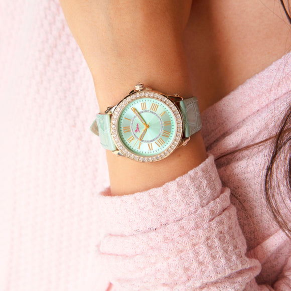 Boum Belle Crystal-Bezel Leather-Band Ladies Watch - Gold/Mint