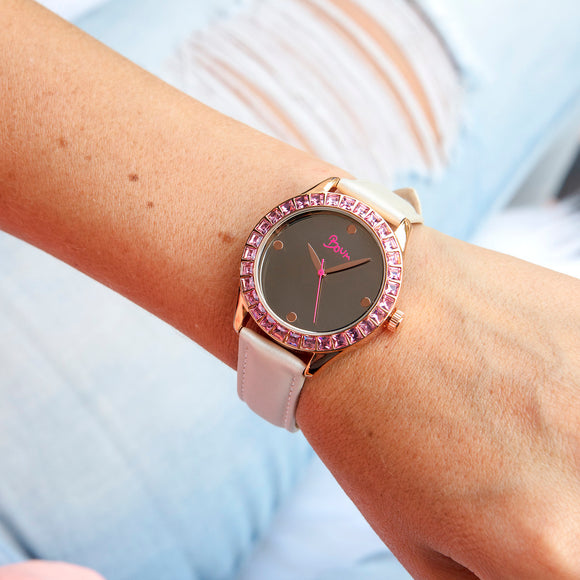 Boum Chic Mirror-Dial Leather-Band Ladies Watch - Rose Gold/Eggshell