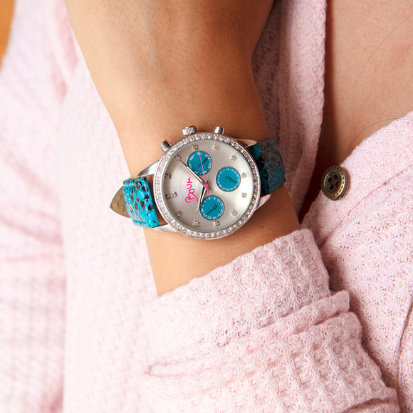 Boum Serpent Leather-Band Ladies Watch w/ Day/Date - Silver/Turquoise