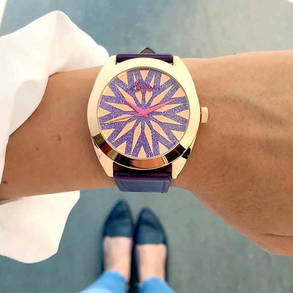 Boum Etoile Glitter-Dial Leather-Band Ladies Watch - Rose Gold/Purple