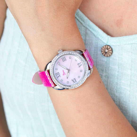 Boum Forte Crystal-Bezel Leather-Band Ladies Watch - Silver/Pink