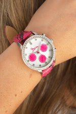 Boum Serpent Leather-Band Ladies Watch w/ Day/Date - Silver/Pink
