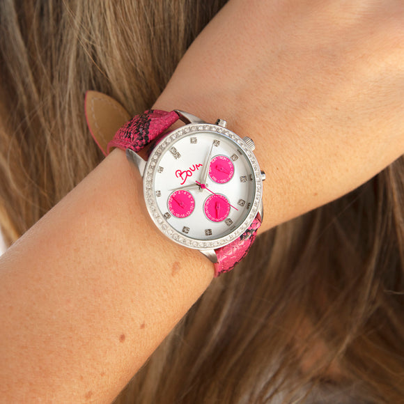 Boum Serpent Leather-Band Ladies Watch w/ Day/Date - Silver/Pink
