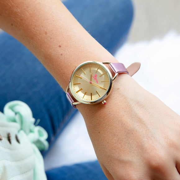 Boum Champagne Leather-Band Ladies Watch - Gold/Lavender