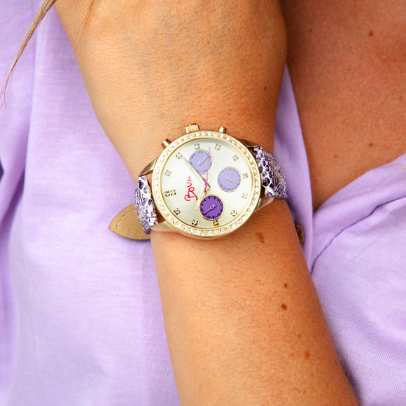Boum Serpent Leather-Band Ladies Watch w/ Day/Date - Gold/Purple