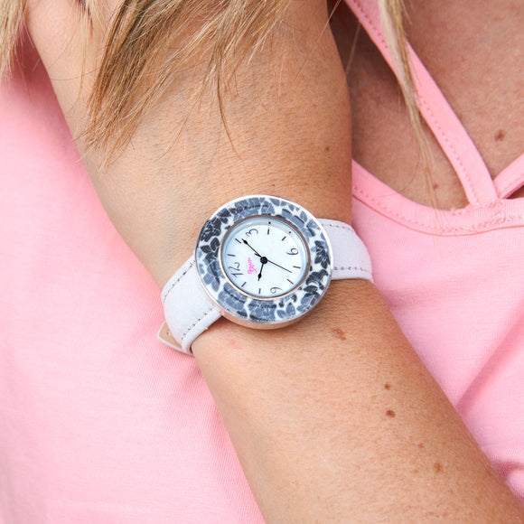 Boum Bouquet Floral-Ring Leather-Band Ladies Watch - White/Black