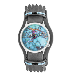 Boum Originaire Marbleizied-Dial Leather-Band Watch w/ Fringed Sheath - Silver/Charcoal